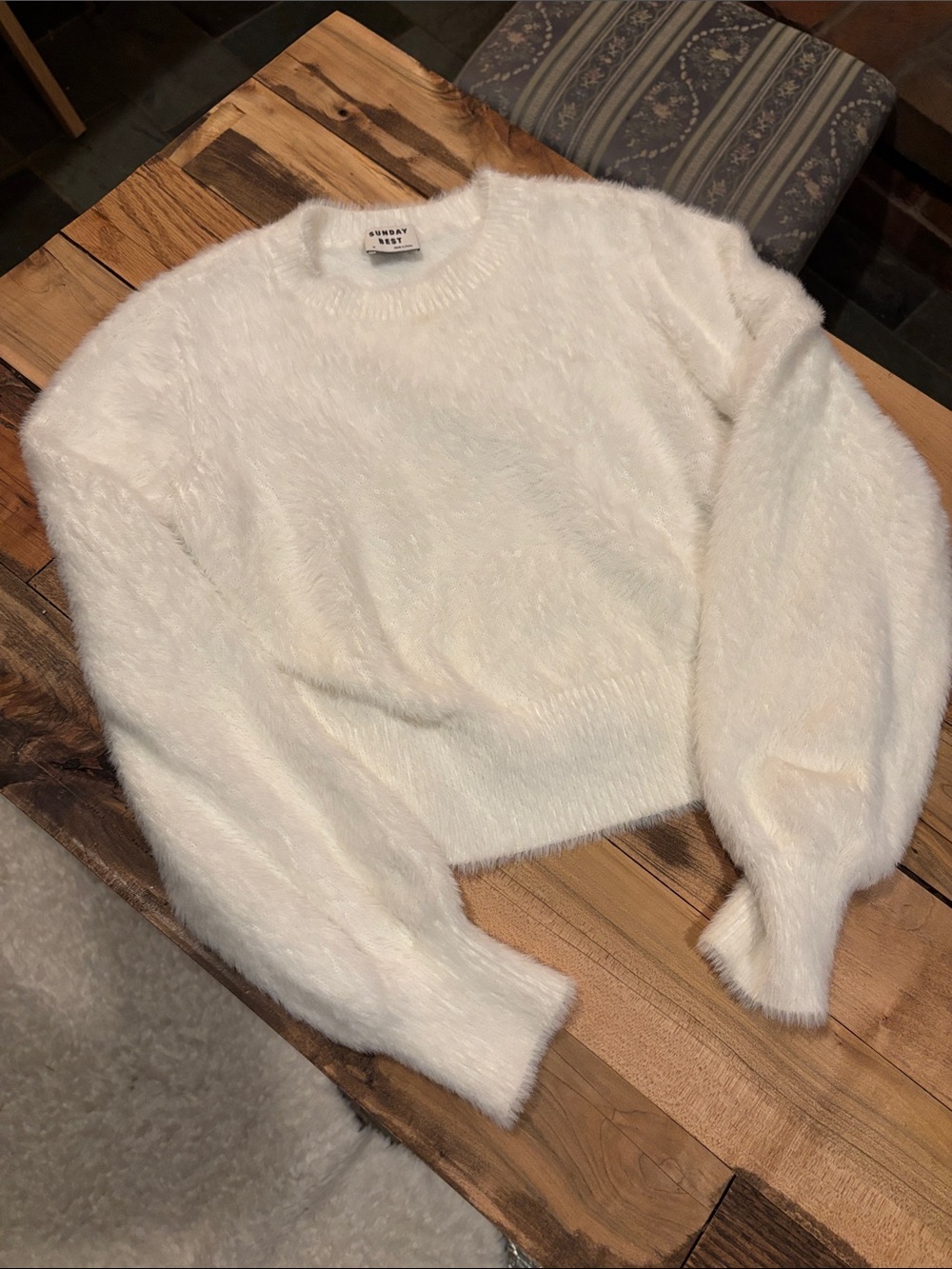 Sunday Best White Fuzzy Crewneck Sweater
